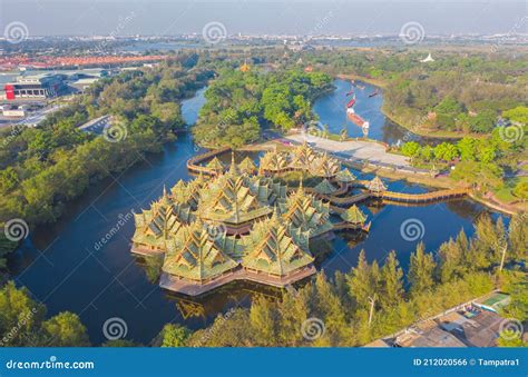 Aerial Top View Of The Ancient Siam City The Museum Park With Lake In Samut Prakan Province