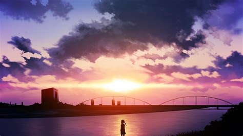 Sunset anime ultrahd wallpaper for wide 16:10 5:3 widescreen whxga wqxga wuxga wxga wga ; 🥇 Water sunset clouds grass twintails scenic anime girls ...