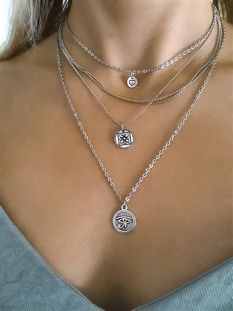 Silver Layered Necklace Set Dainty Layer Silver Necklace Etsy