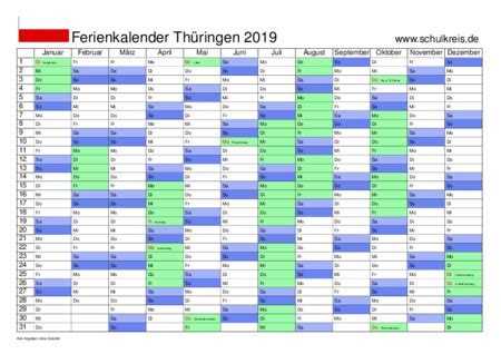 Med ugenumre, billeder, mærkedage og meget mere. Schulferien-Kalender Thüringen 2019 mit Feiertagen und ...