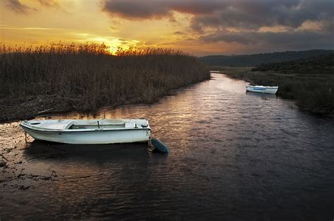 Hd Wallpaper Sunset River Boats Reed Wallpaper Flare