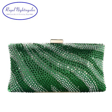 Green Satin Silk Hard Box Evening Clutch Bags With Crystals For Womens