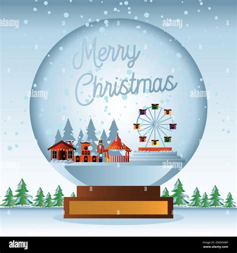 Merry Christmas Snowball With Houses Wheel Ferris Pine Trees Scene