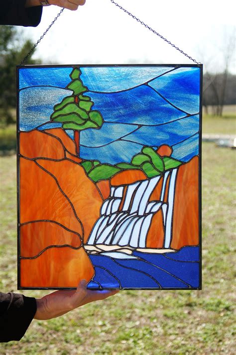 Stained Glass Landscape With Waterfall Panel By Ledbyglass On Etsy