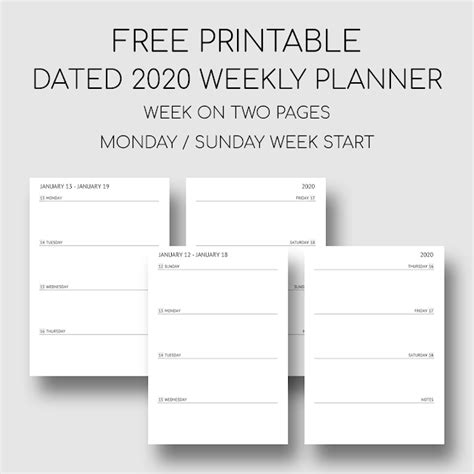 Printable Dated 2020 Weekly Planner Week On Two Pages