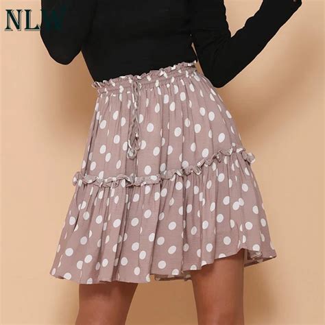 Nlw Polka Dot Vintage A Line Casual Skirts Women Lace Up Ruffles Skirt
