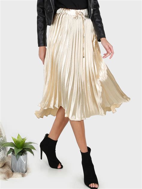 pleated metallic midi skirt gold shein sheinside