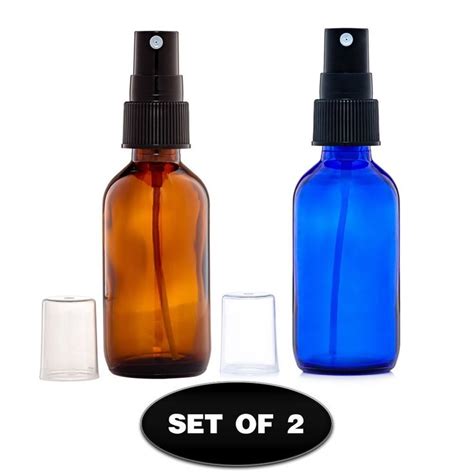 Amber And Cobalt Blue Glass Bottles 2 Oz For Essential Oil With Black Fine Mist Sprayer Set Of