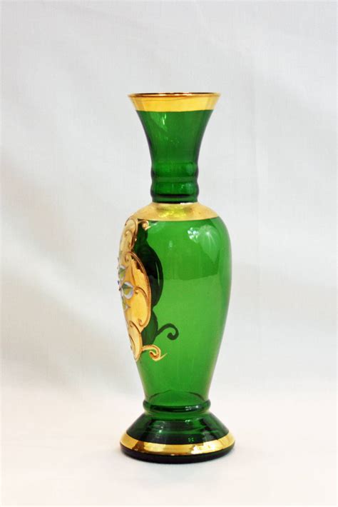 Vintage Lefton Emerald Green Bud Vase Gold Gilding Enamel Flowers Hand Blown Hand Painted