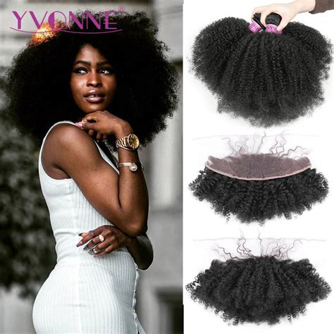 Yvonne A B Afro Kinky Curly Virgin Brazilian Hair Weave Bundles With Frontal Natural Color