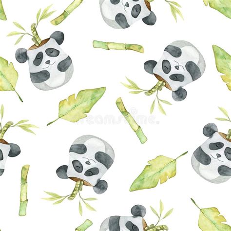 Cute Seamless Pattern With Pandas Leaves And Bamboo Stock