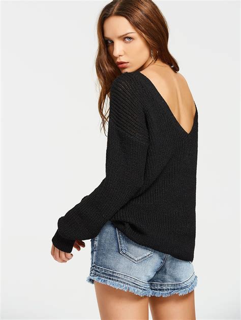 32 Off 2019 Back V Oversized Chunky Sweater In Black Zaful