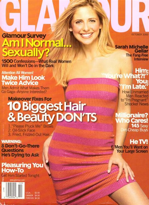 The Cover Of Glamour Magazine Showing A Woman In A Pink Dress On The Front Cover