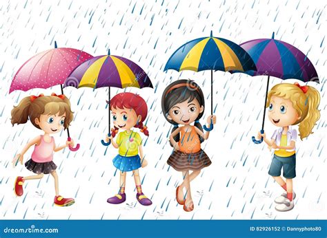 Four Kids With Umbrella Being In The Rain Stock Vector Illustration