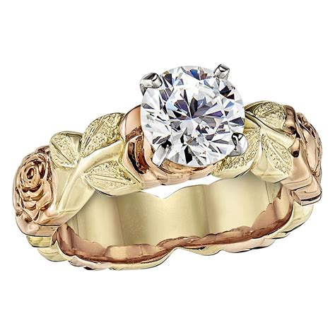 Pink And Green Gold Die Struck Floral Solitaire Engagement Ring Jabel