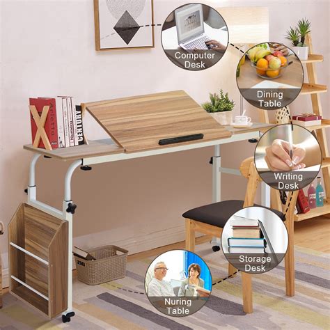 Eecoo Mobile Overbed Table With Storage Shelves Height Adjustable Sofa