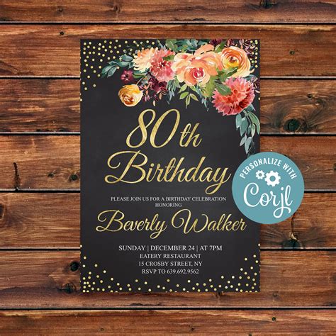 80th Birthday Invitation Floral Women Birthday Invitation Etsy