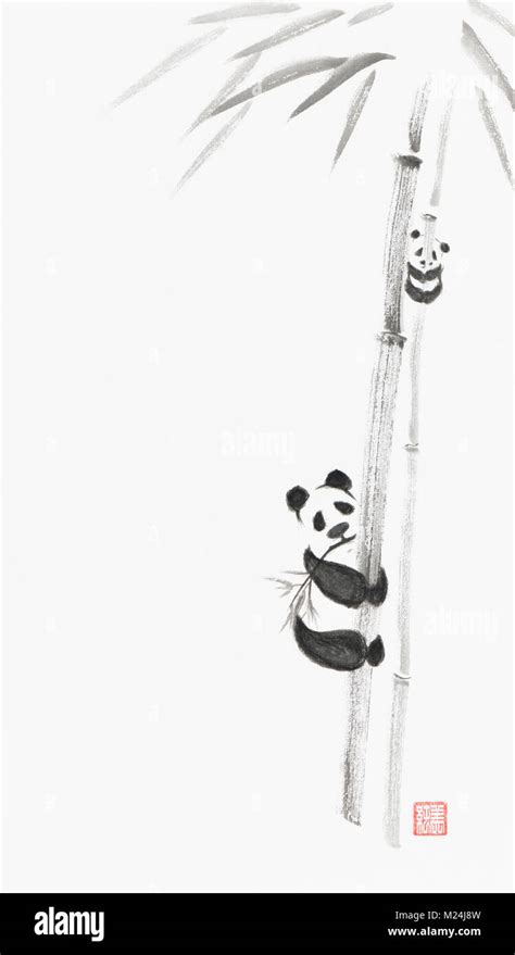 Cute Big Panda And A Baby Panda Climbing Bamboo Trees Artistic