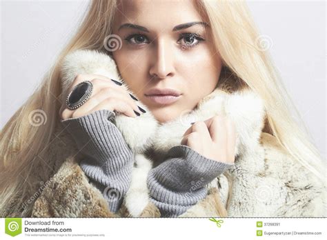 beautiful blond woman girl in mink fur coat winter fashion stock image
