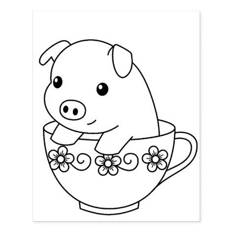 Cute Piglet Pig In A Teacup Coloring Page Rubber Stamp