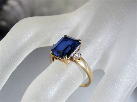 Sapphire Ring 10k Gold Emerald Cut Blue Sapphire And Diamond Ring