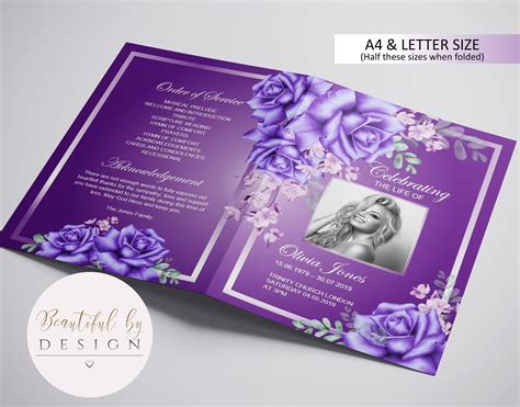 4 Page Purple And Lilac Funeral Program Template Celebration Etsy