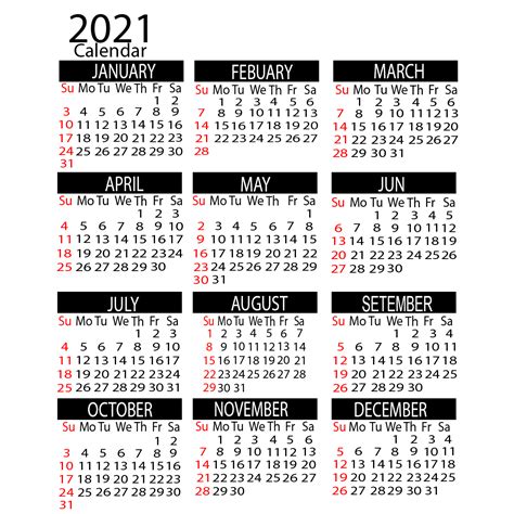 2021 Yearly Calendar Printable Calendar 2021