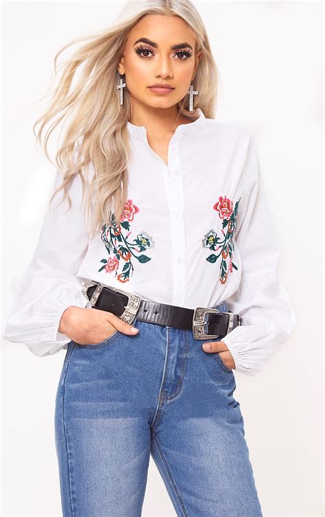 White Embroidered Long Sleeve Shirt Tops Prettylittlething Usa