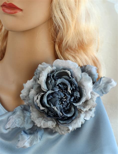 Brooch Rose Silk Flower Brooch Flower Silver Blue Rose Etsy