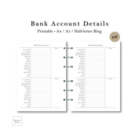 Bank Account Information Tracker Financial Printable Planner Etsy
