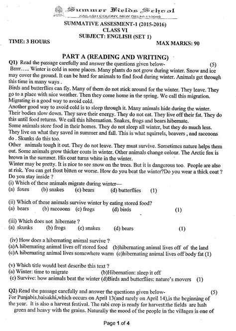 English4all Class Vi English Summer Fields School Kailash Colony First Term Question Paper