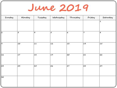 Blank Full Page Calendar Printable June Template Calendar Design