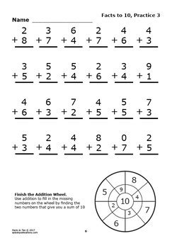 Addition Facts to 10, Worksheets, Full Color Addition Game – DISTANCE