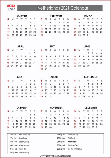 Netherlands Calendar 2021 With Netherlands Public Holidays