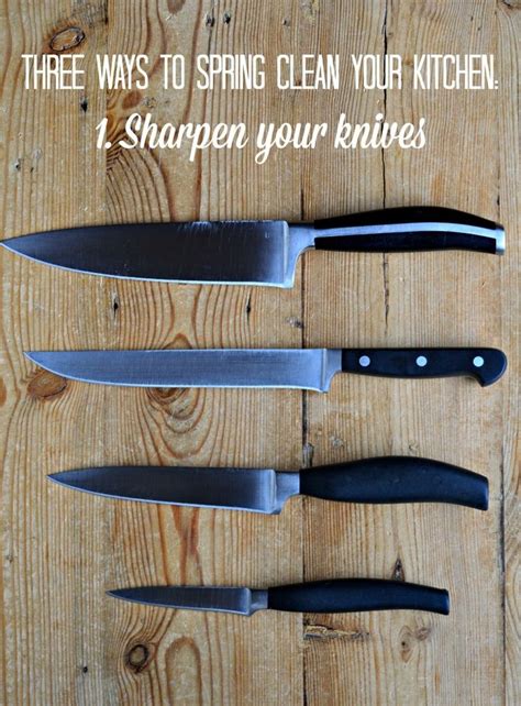 Four Knives On A Wooden Table With The Words Three Ways To Spring Clean Your Kitchen