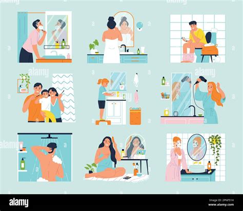 Daily Hygiene Routine Icons Set With People In Bathroom Isolated Vector