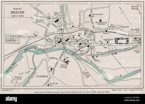 Brecon Vintage City Town Plan Wales Ward Lock 1950 Old Vintage Map