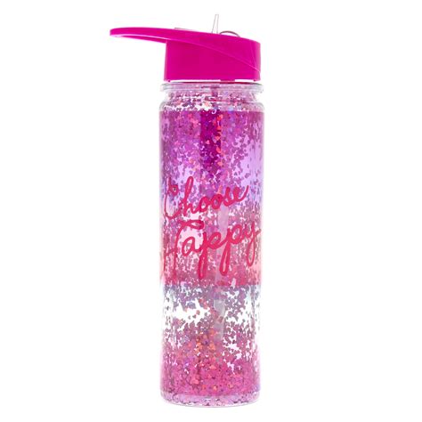 Choose Happy Pink Shaker Glitter Water Bottle Claires