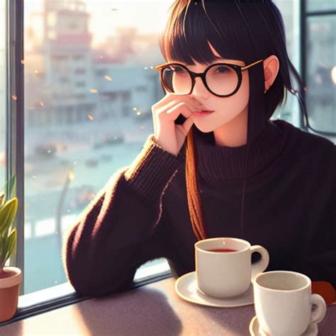 Addison Cute Girl In Sweater Black Hair Black Wayfarer Glasses Sitting Inside Cafe Drinking