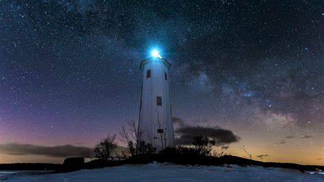 Lighthouse Milky Way Night Starry Sky Stars Winter Wallpaper