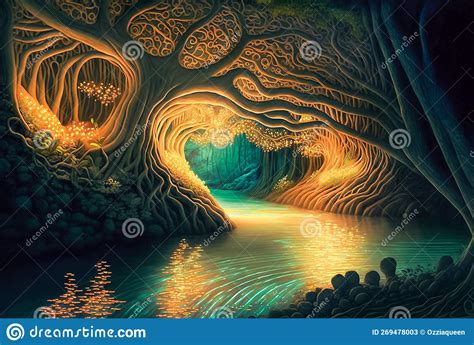 Fantasy Landscape River In The Luminous Tropical Forest Magical Night