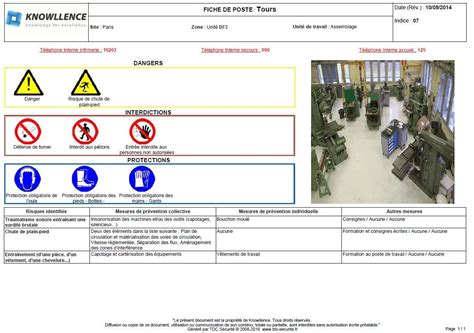 Instructions et fiche de sécurité au poste de travail