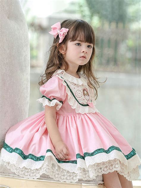 Childrens Sweet Lolita Dress Pink Ruffles Polyester Short Sleeve Kids