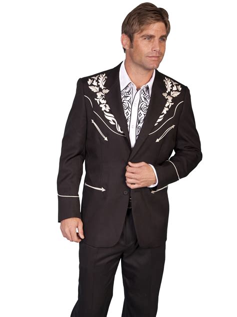 Scully Mens Black Floral Embroidered Western Sport Coat