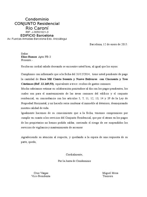Carta De Cobro Y Convenio De Pago Pdf Condominio Barcelona