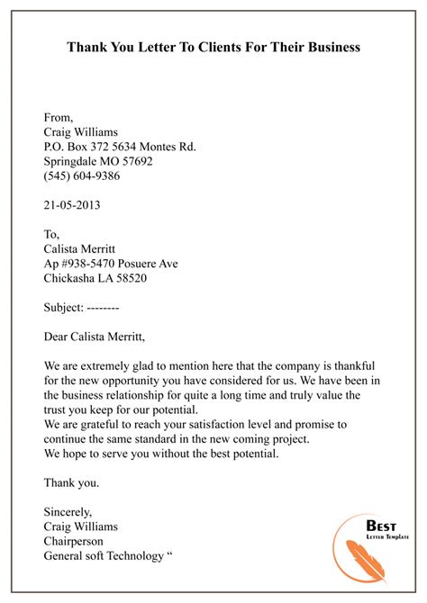 Thank You Letter Template To Client Sample And Example