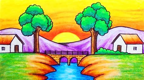 Easy Sunset Scenery Drawing How To Draw Beautiful Sunset In The