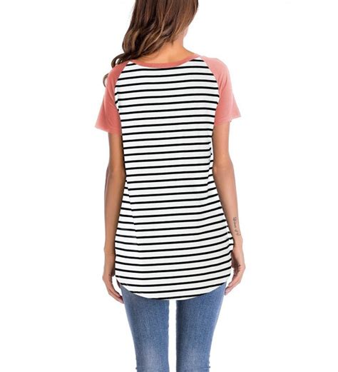 Womens Striped Raglan Long Sleeve Baseball T Shirt Tunic Tops Sscoral Pink C5180gmn0c6
