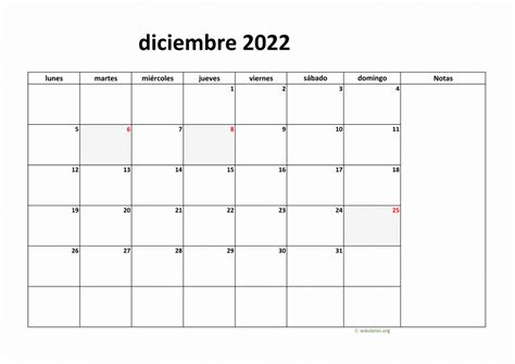 Calendario Diciembre 2022