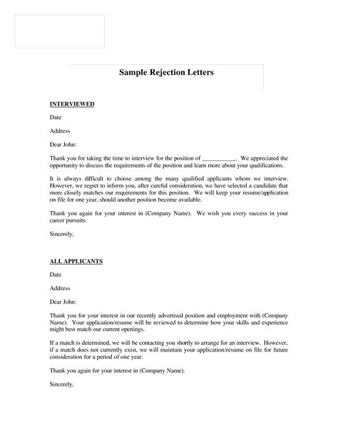 Applicant Rejection Letter Sample Database Letter Template Collection